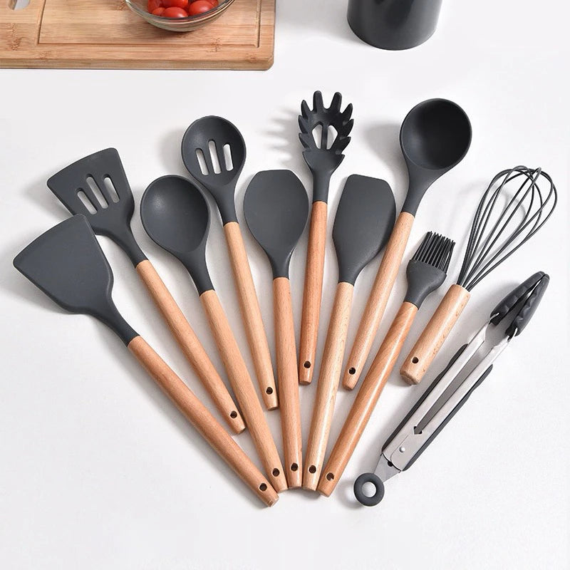 Jogo de Cozinha Kit com 12 Peças de Silicone, Utensílios e Copo Suporte para Cozinha Cabo de Madeira