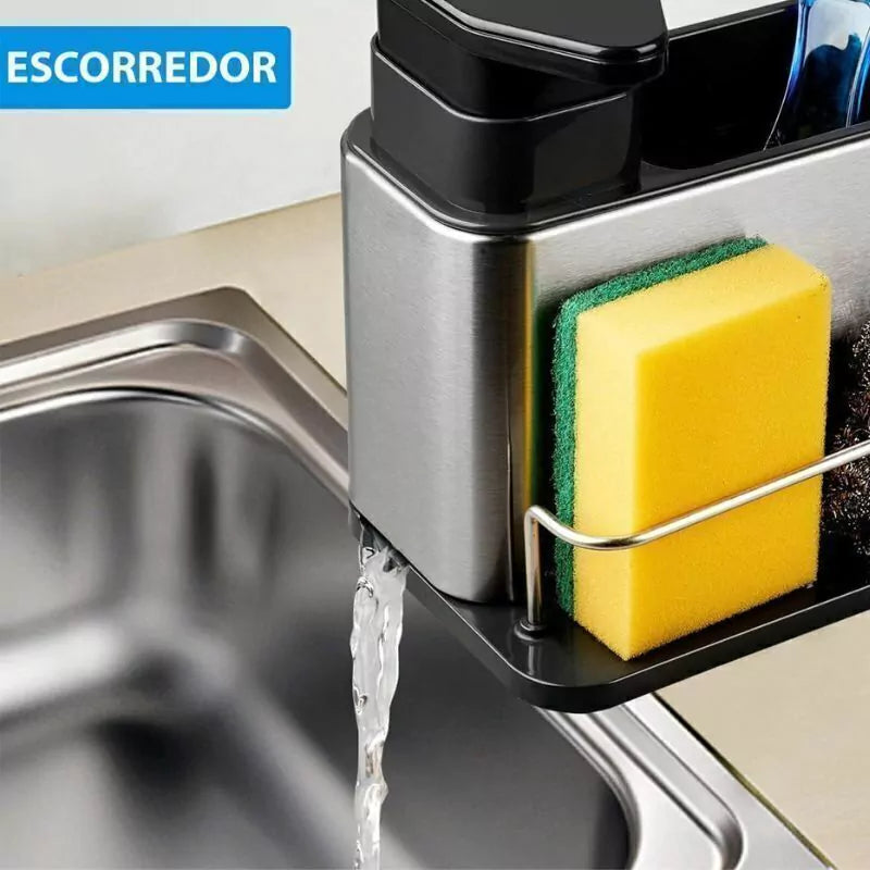 Dispenser Em Aço Inox Porta Detergente E Esponja 3 Em 1